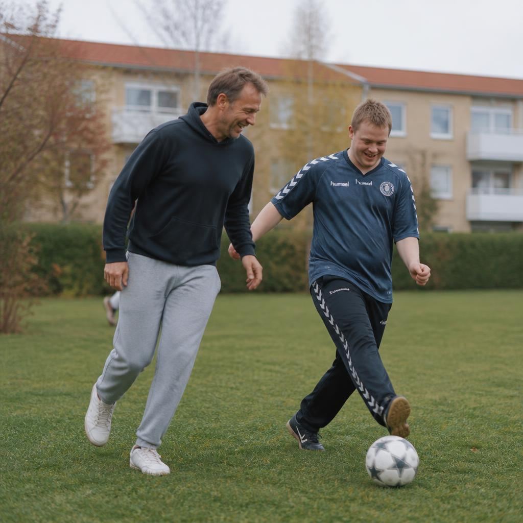 Socialpædagog og borger spiller fodbold sammen på en græsplæne
