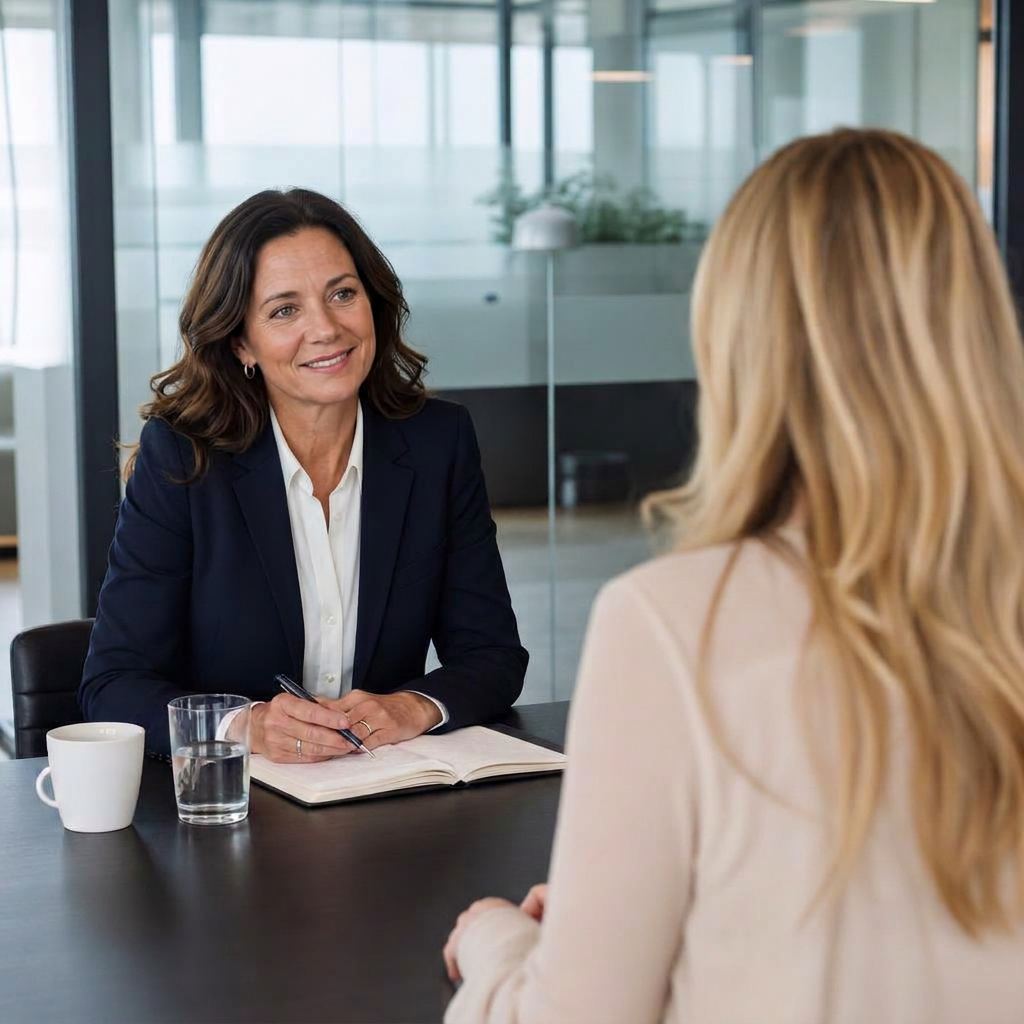 Kvindelig leder fra SOS Social Care afholder en professionel jobsamtale med en kandidat