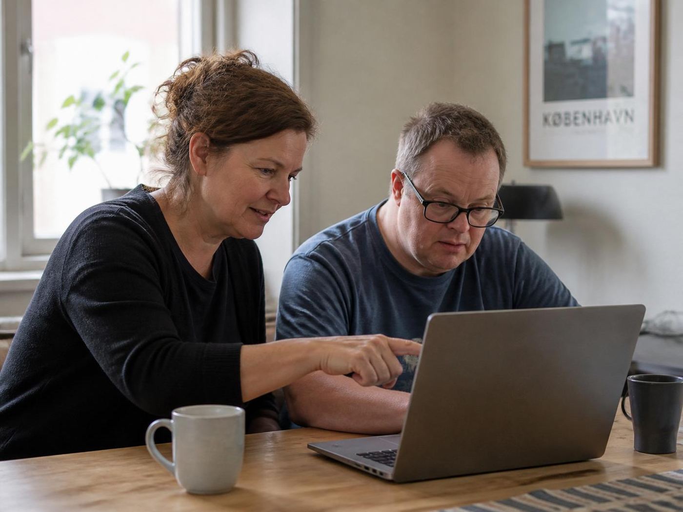 Socialpædagog hjælper voksen borger med at læse og navigere på bærbar computer