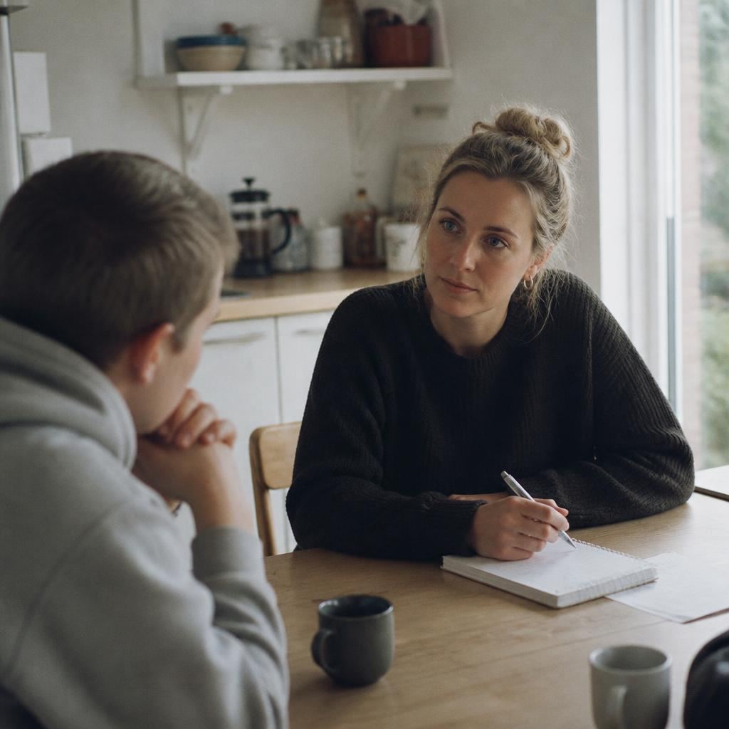 Socialpædagog i fortrolig samtale med ung på sofaen