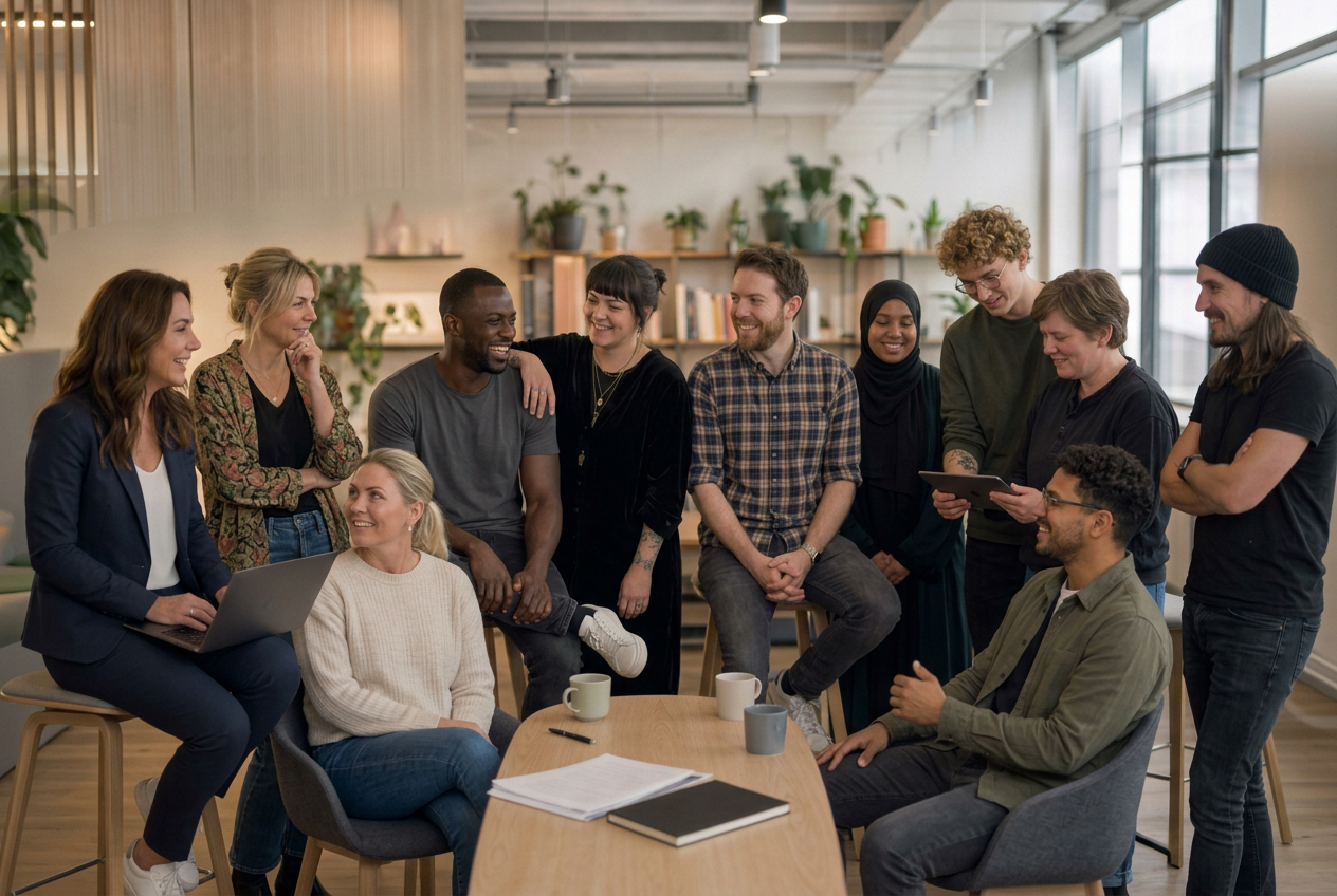 Teamet bag SOS Social Care — 8 medarbejdere foran kontorbygningen