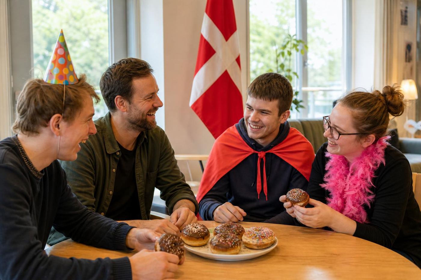 Socialpædagoger og borgere samlet om bordet til en hyggelig fejring med fødselsdagsboller, kaffe og Dannebrog