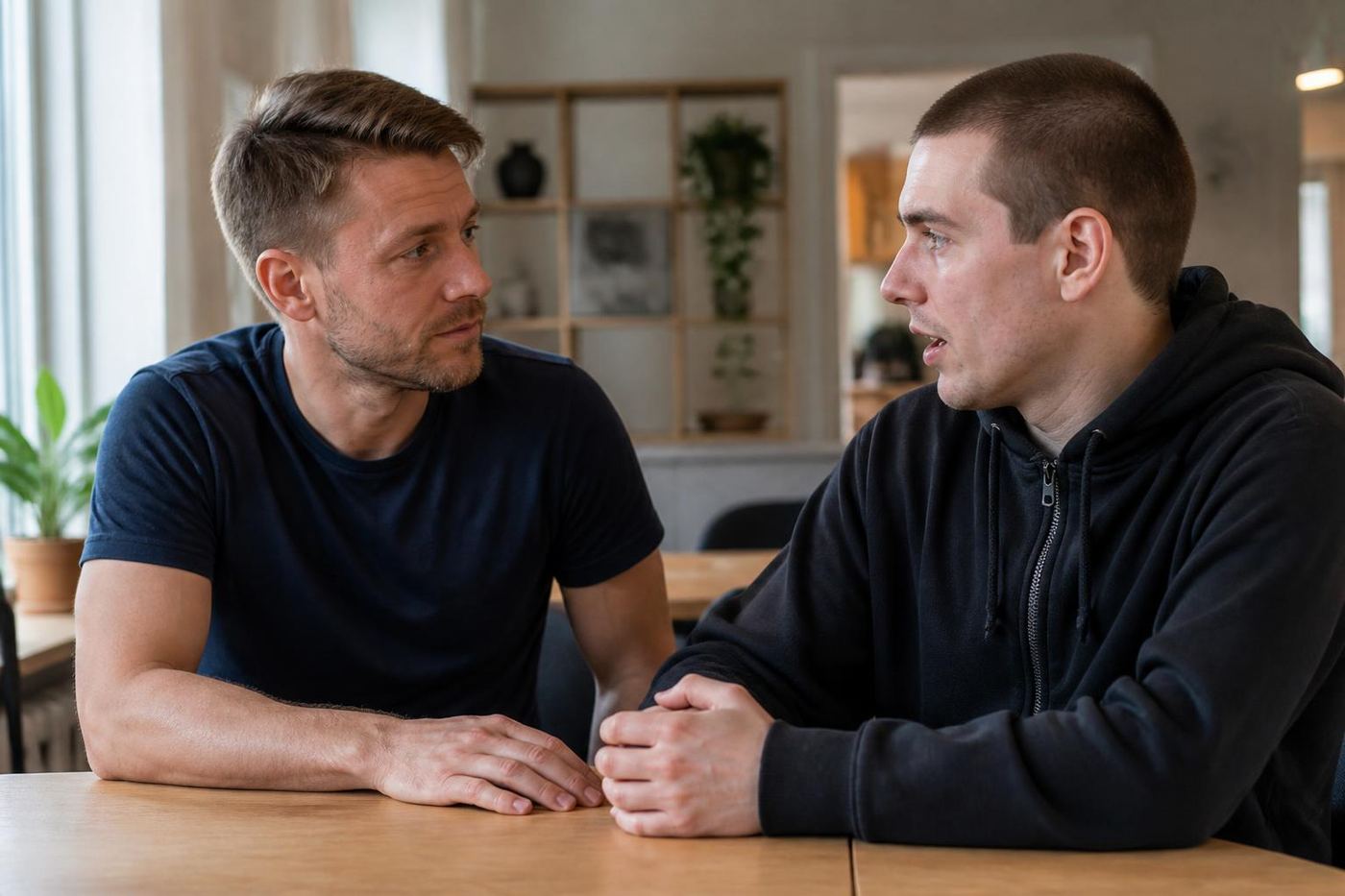 Socialpædagog fra SOS Social Care i en rolig og tryg samtale med en ung borger på et moderne dansk botilbud