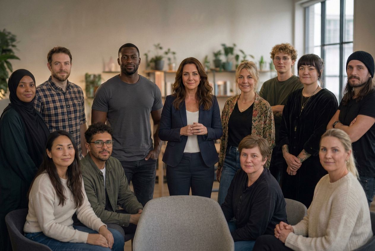 Teamet bag SOS Social Care — 8 medarbejdere foran kontorbygningen